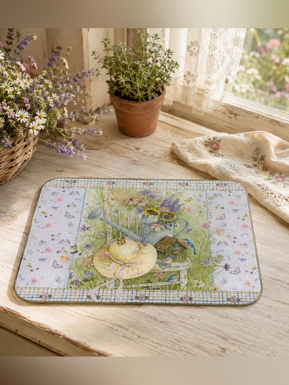 Vintage Tempered Glass Cutting Board Cottagecore Garden Birds Floral